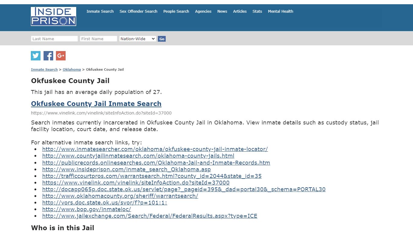 Okfuskee County Jail - Oklahoma - Inmate Search