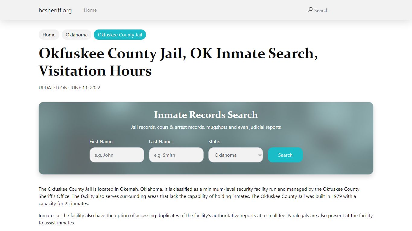 Okfuskee County Jail, OK Inmate Search, Visitation Hours